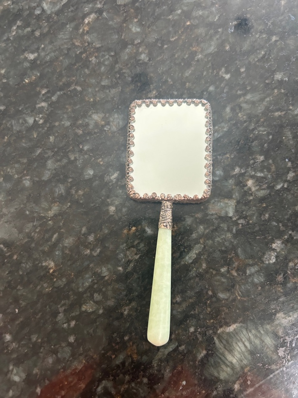 Vintage Green Jade Handle Mirror with porcelain Japanese lady/ornate trim